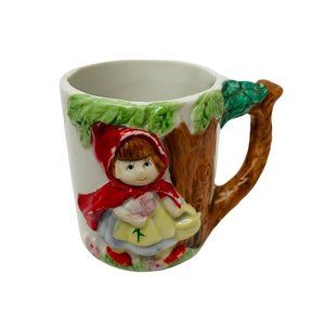 Vintage Coffee Cup Mug Little Red Riding Hood Taiwan 3D Hand Painted White
